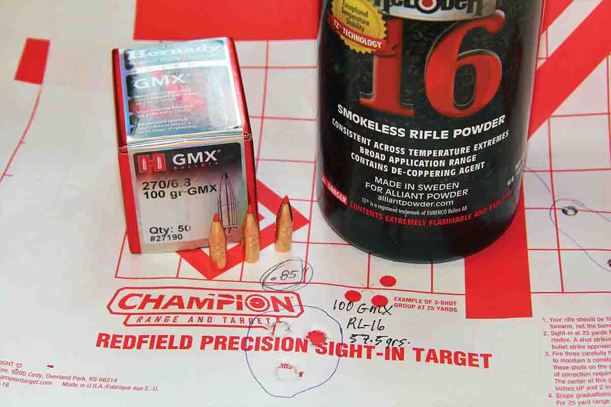 Hornady’s 100-grain GMX, a poly-tipped mono-copper bullet, produced this .85-inch group at 3,244 fps when loaded over a 57.5-grain charge of Alliant Reloder 16.
